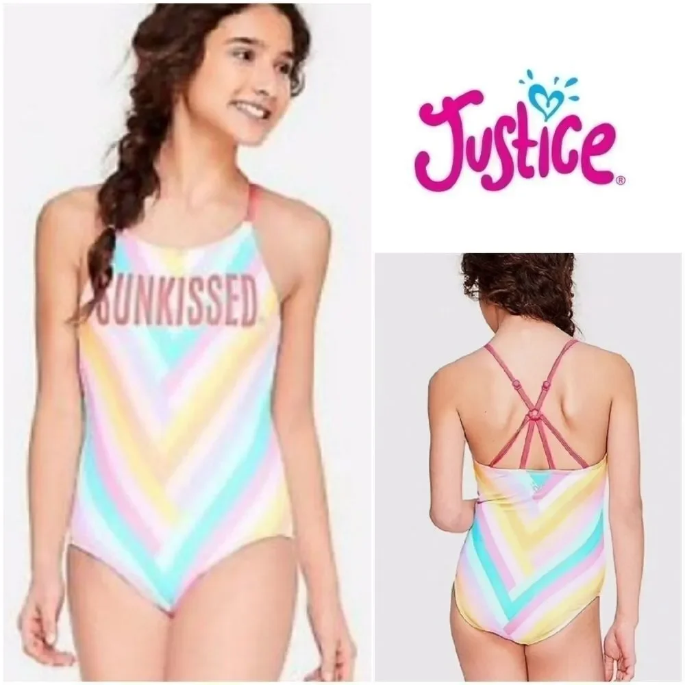 Justice Neon Pink Stripe Sunkissed 1pc Swimsuit Girls Size 10 Bathing Suit Swim